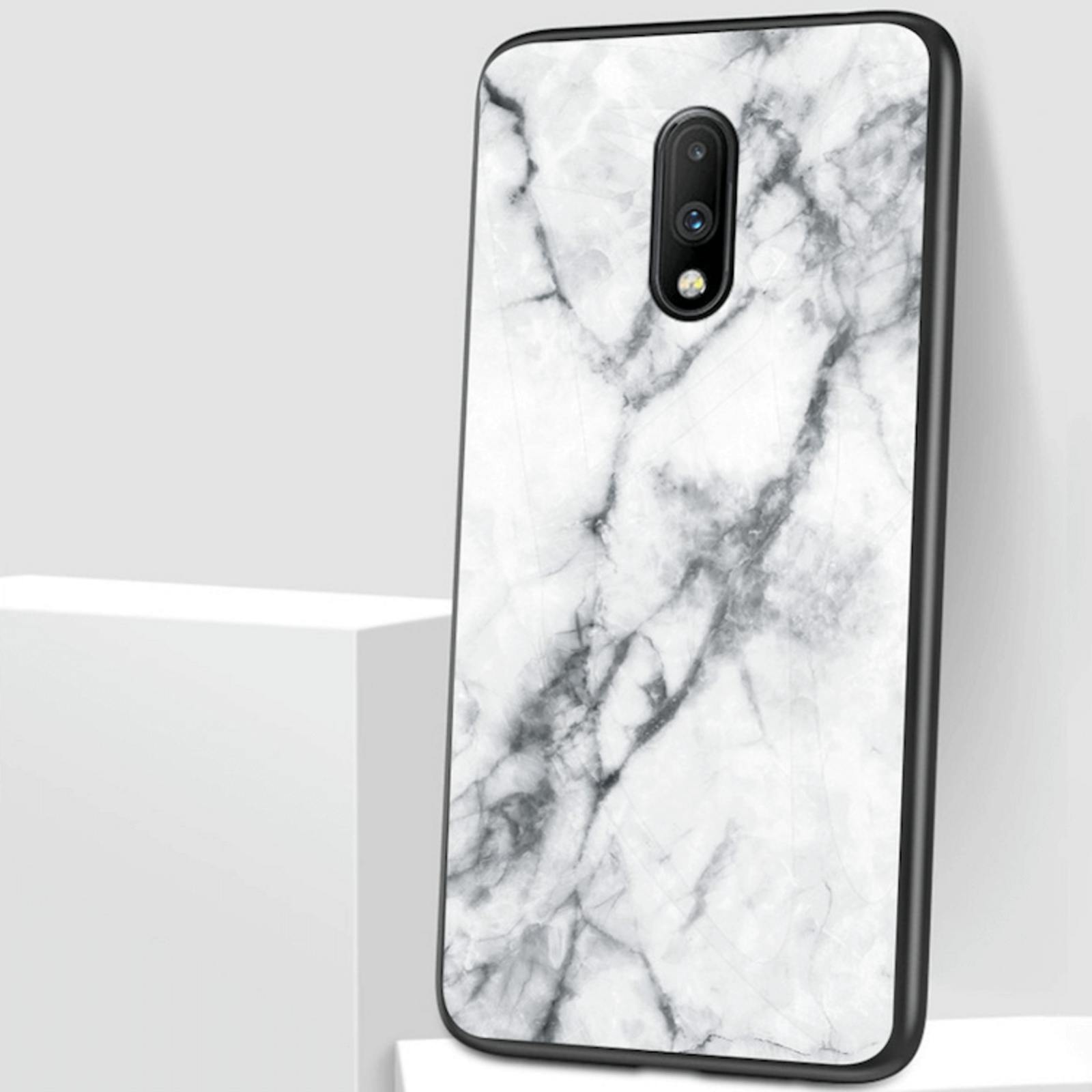 CaseBody OnePlus 7 Marble Glass Hoesje Gehard Glas Wit