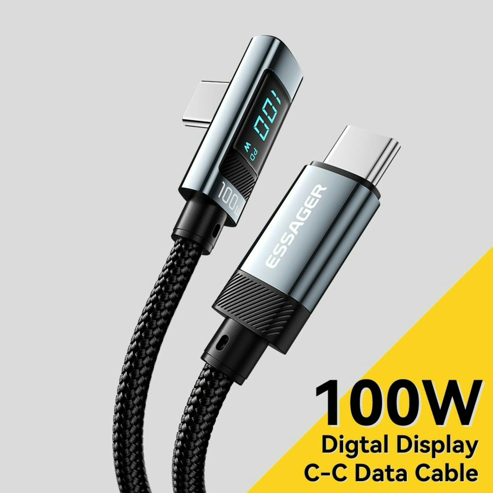 Essager 100W USB-C to USB-C Digital Display Elbow Data Cable Zwart 2m
