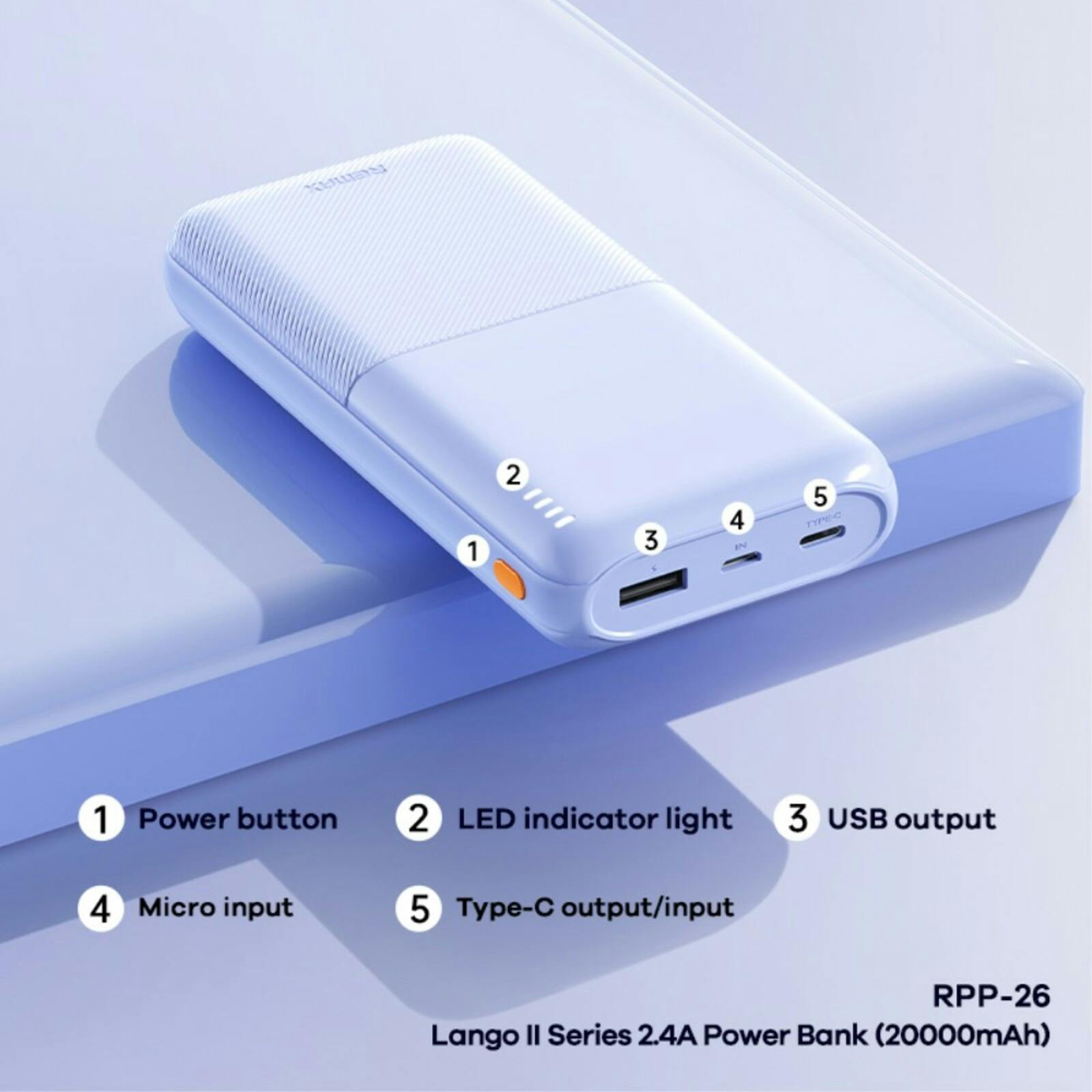 Remax 20.000mAh Portable Powerbank Lichtblauw 20.000 mAh