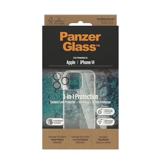 PanzerGlass iPhone 14 Bundel Hardcover + Screenprotector + Glazen Camera Screenprotector