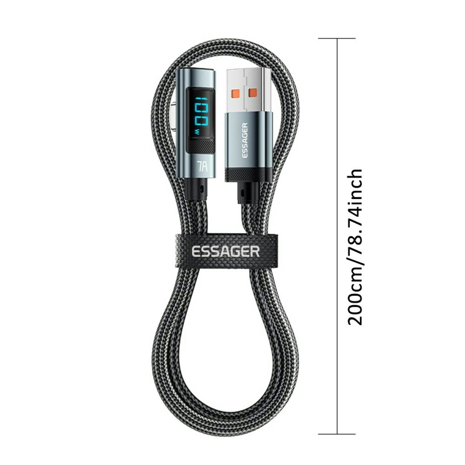 Essager 100W USB-A to USB-C Digital Display Elbow Data Cable Zwart 2m