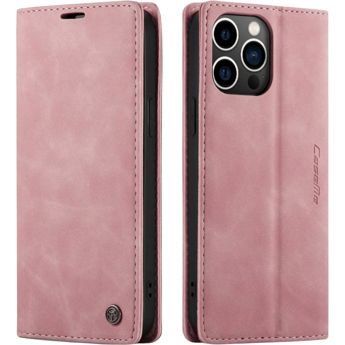 Caseme iPhone 14 Pro Retro Portemonnee Hoesje Roze - Voorkant