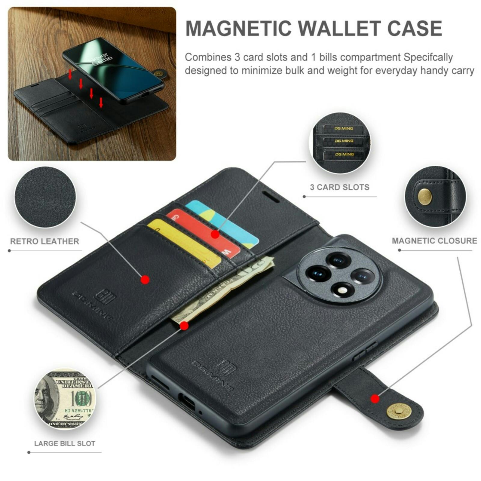 DG.MING OnePlus 11 Lederen 2-in-1 Wallet Hoesje Zwart