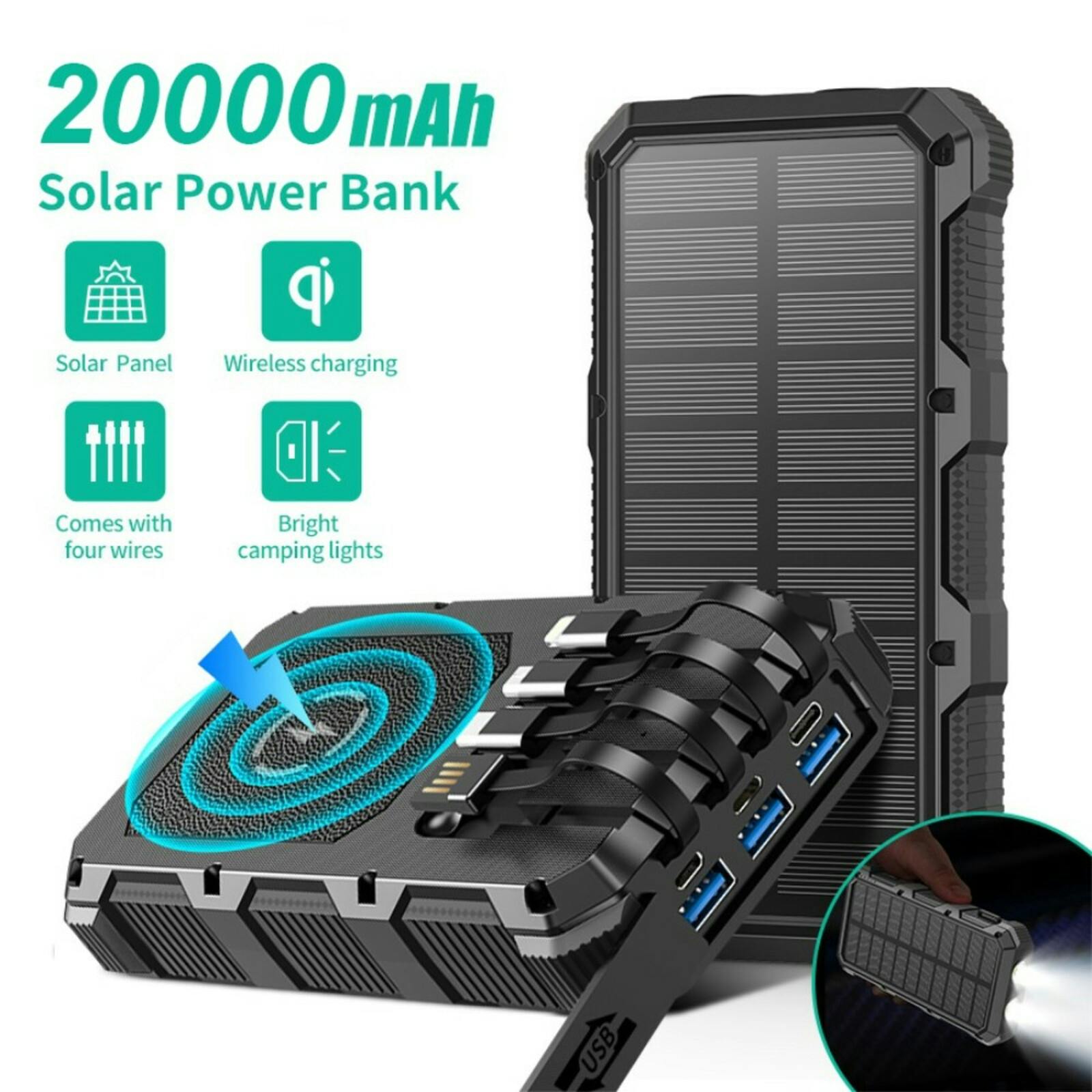 PSOOO 20.000mAh Rugged Solar Charging Powerbank Zwart 20.000 mAh