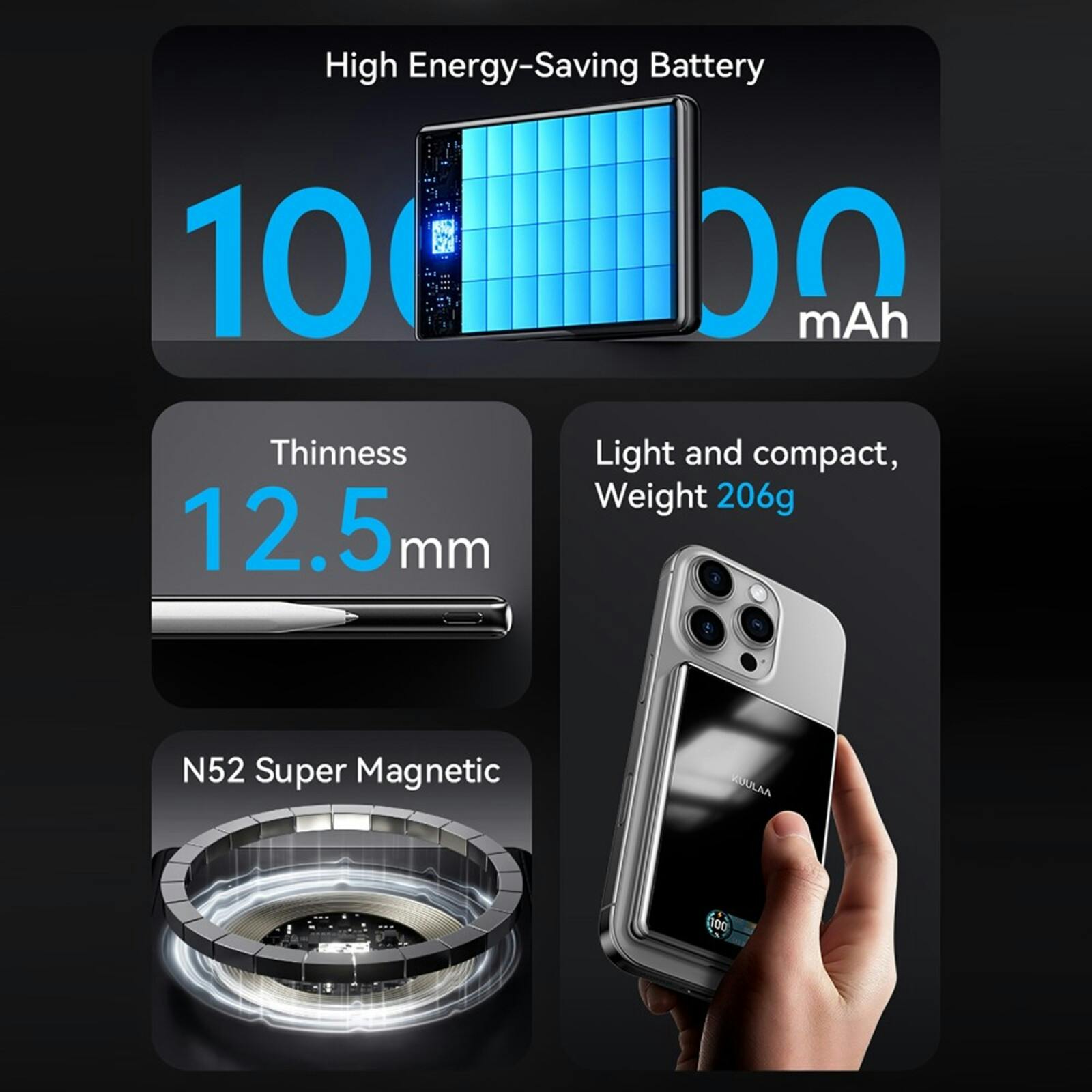 Kuulaa Sleek Display MagSafe Powerbank 10.000mAh Zwart