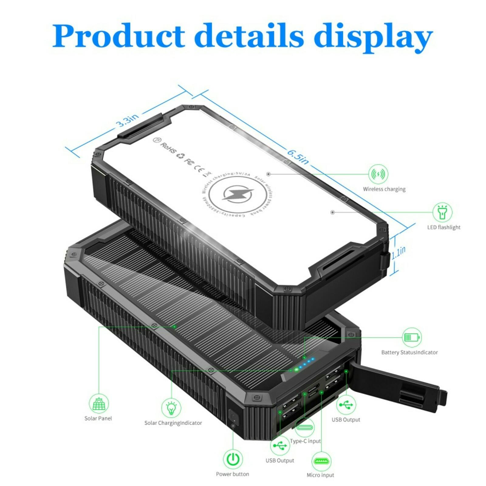 PSOOO 36.800mAh Solar Powerbank Fast Qi Wireless Charger met Zaklamp Zwart 36.800 mAh