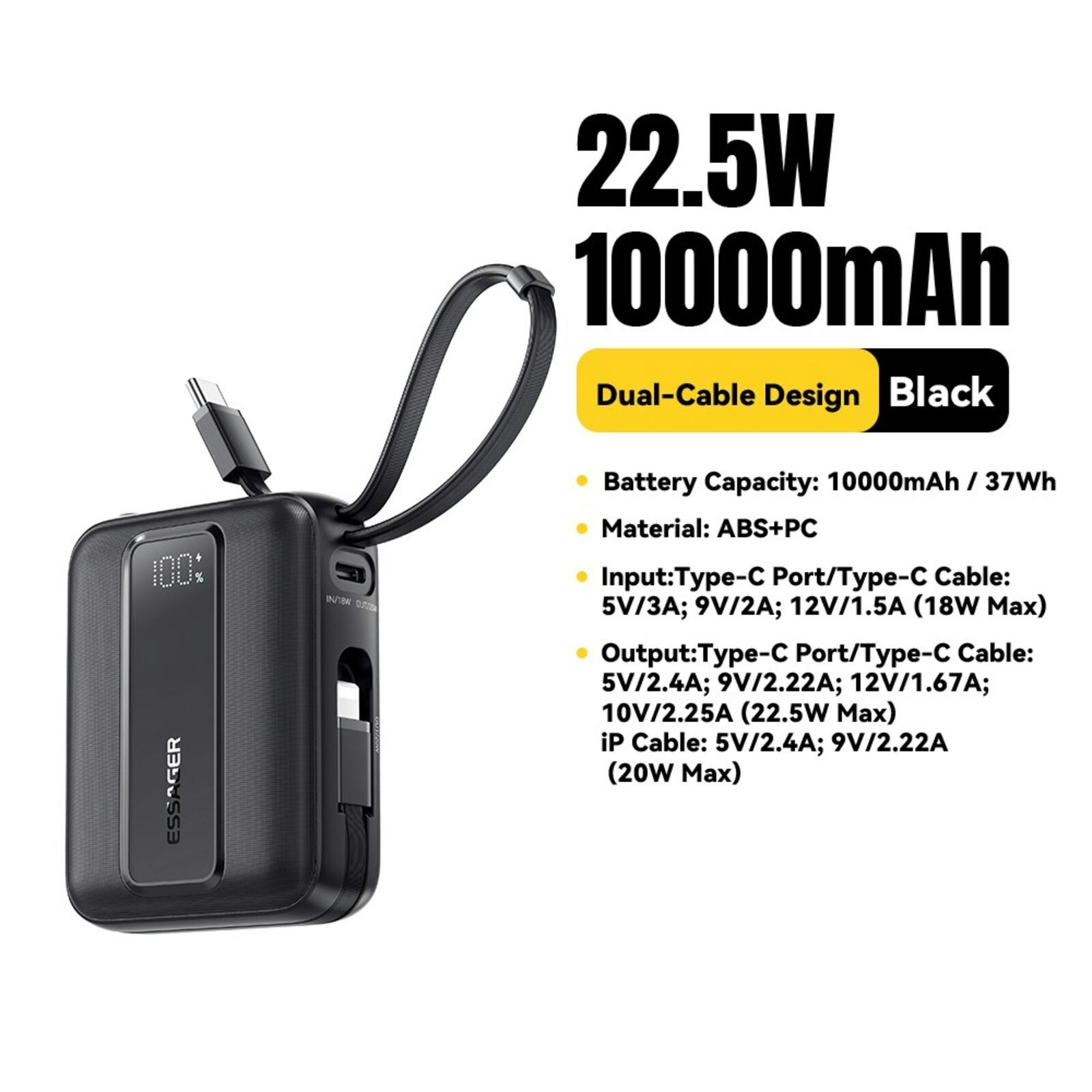 Essager Quick Charge Compact Powerbank met Kabels Zwart 10.000 mAh