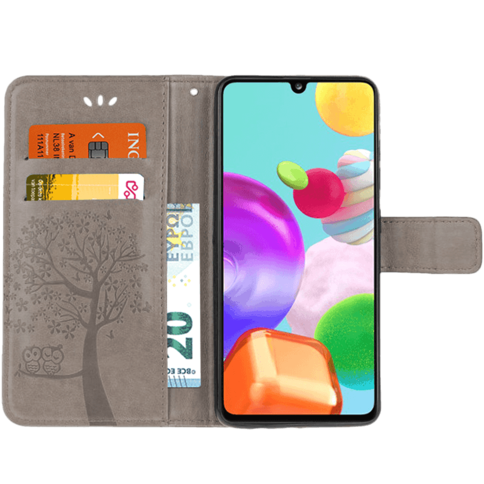 Comfycase Samsung Galaxy A41 Bookcase Hoesje Uiltjes Grijs