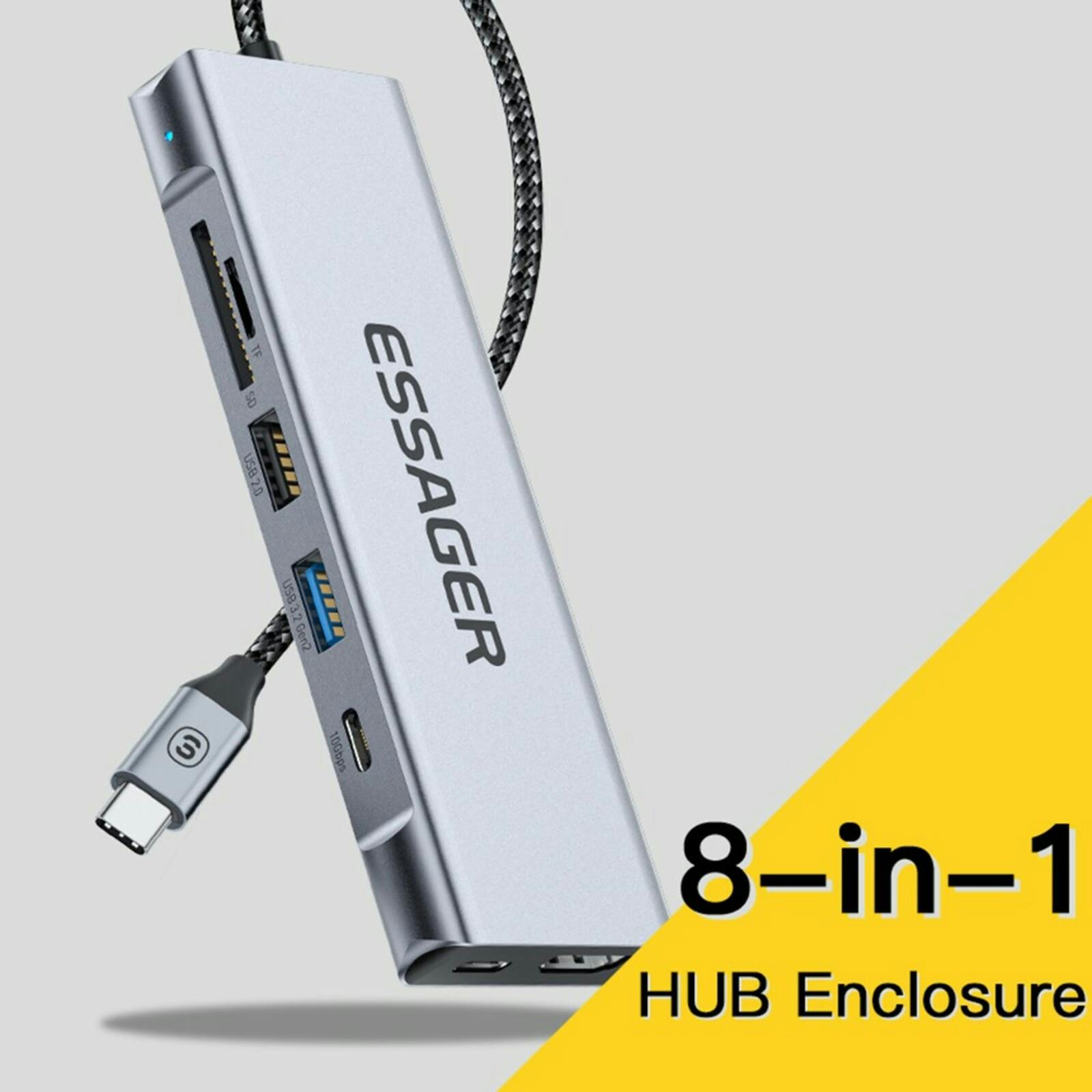Essager Premium 8-in-1 Type-C Hub Grijs 15cm