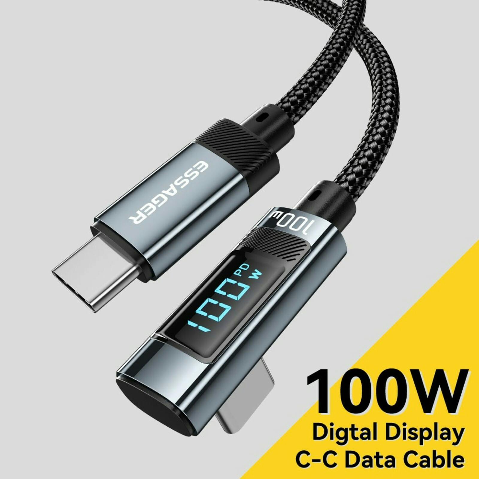 Essager 100W USB-C to USB-C Digital Display Elbow Data Cable Zwart 2m