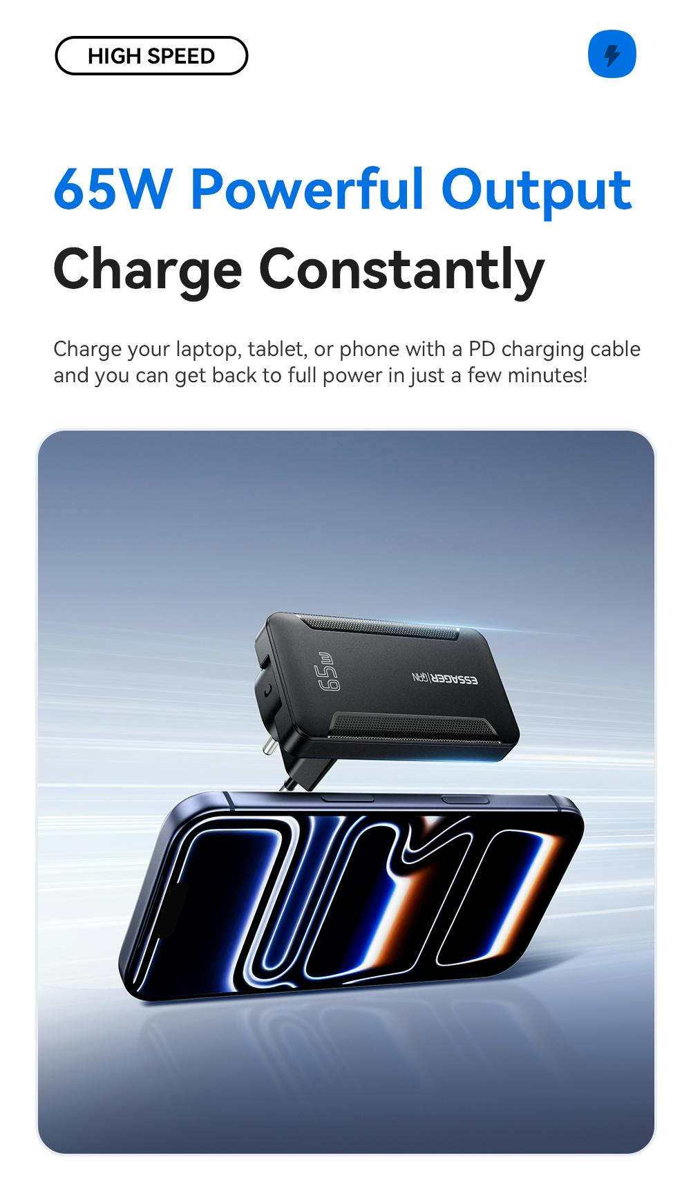 Essager Ultradunne USB-A + USB-C Reislader 65W Zwart