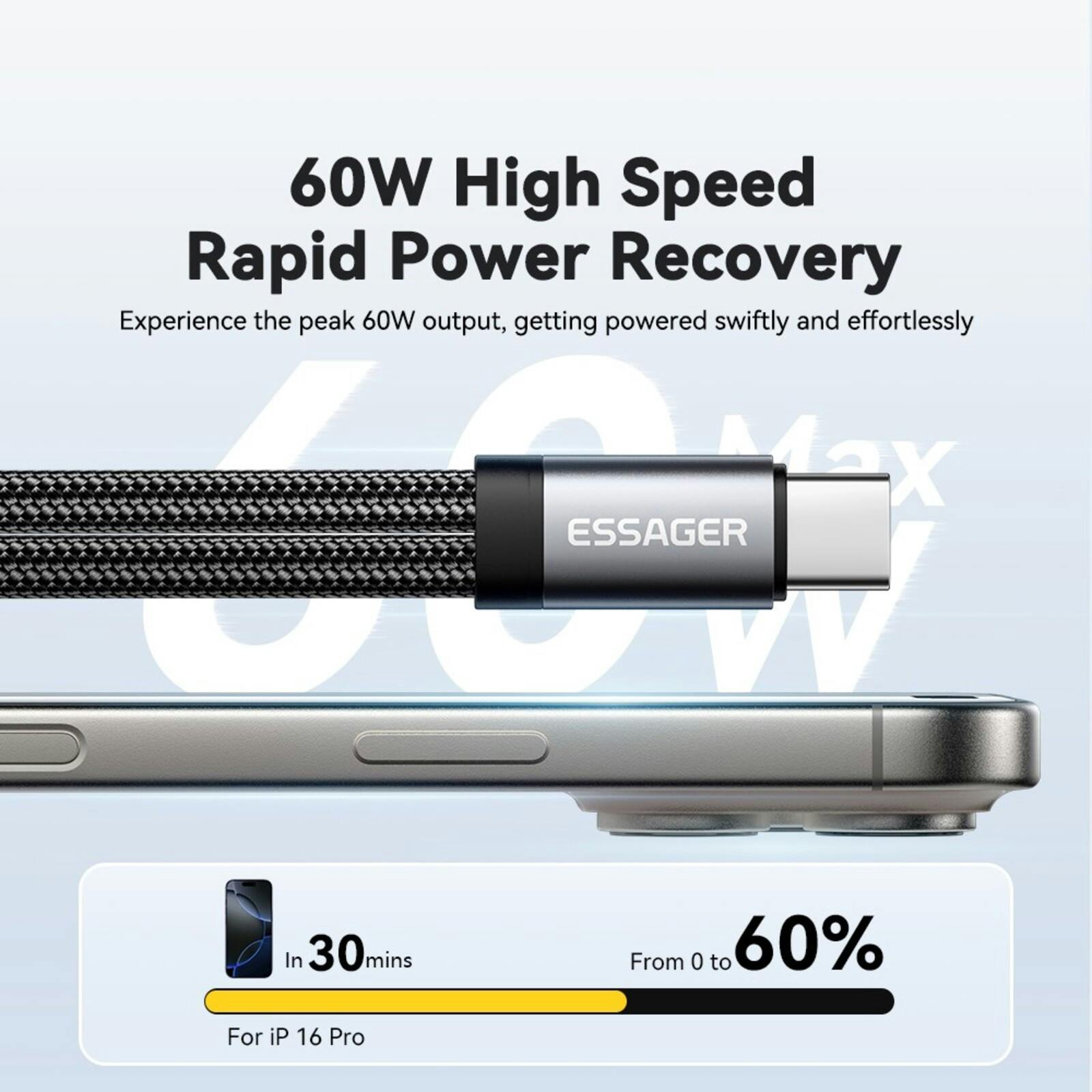 Essager USB-C naar USB-C + 3.5mm Adapter Kabel met 60W Oplader Zwart