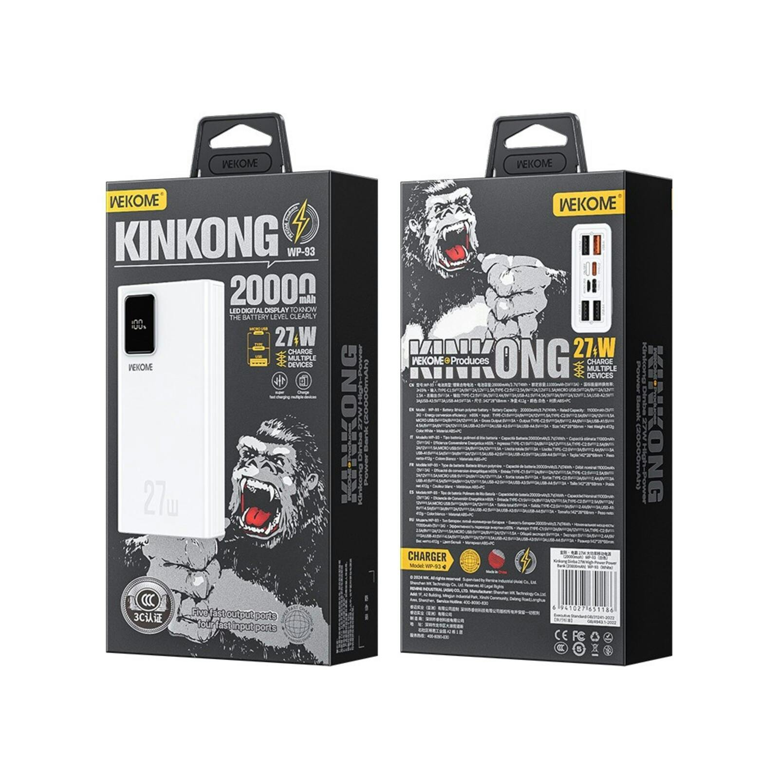 Wekome 20.000mAh 27W KinKong Powerbank Wit 20.000 mAh