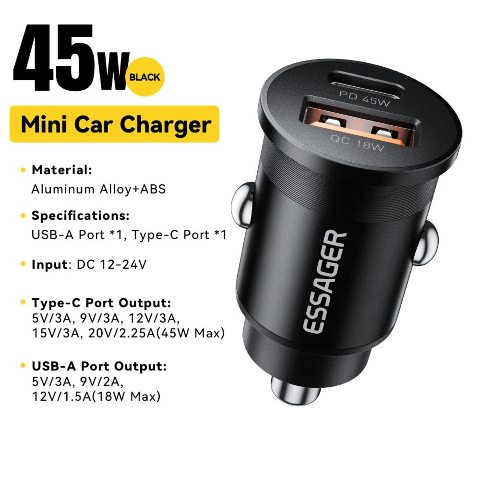 Essager 45W Dual Port Autolader Zwart