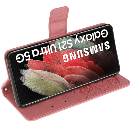 Comfycase Samsung Galaxy S21 Ultra Uiltjes Bookcase Hoesje Roze