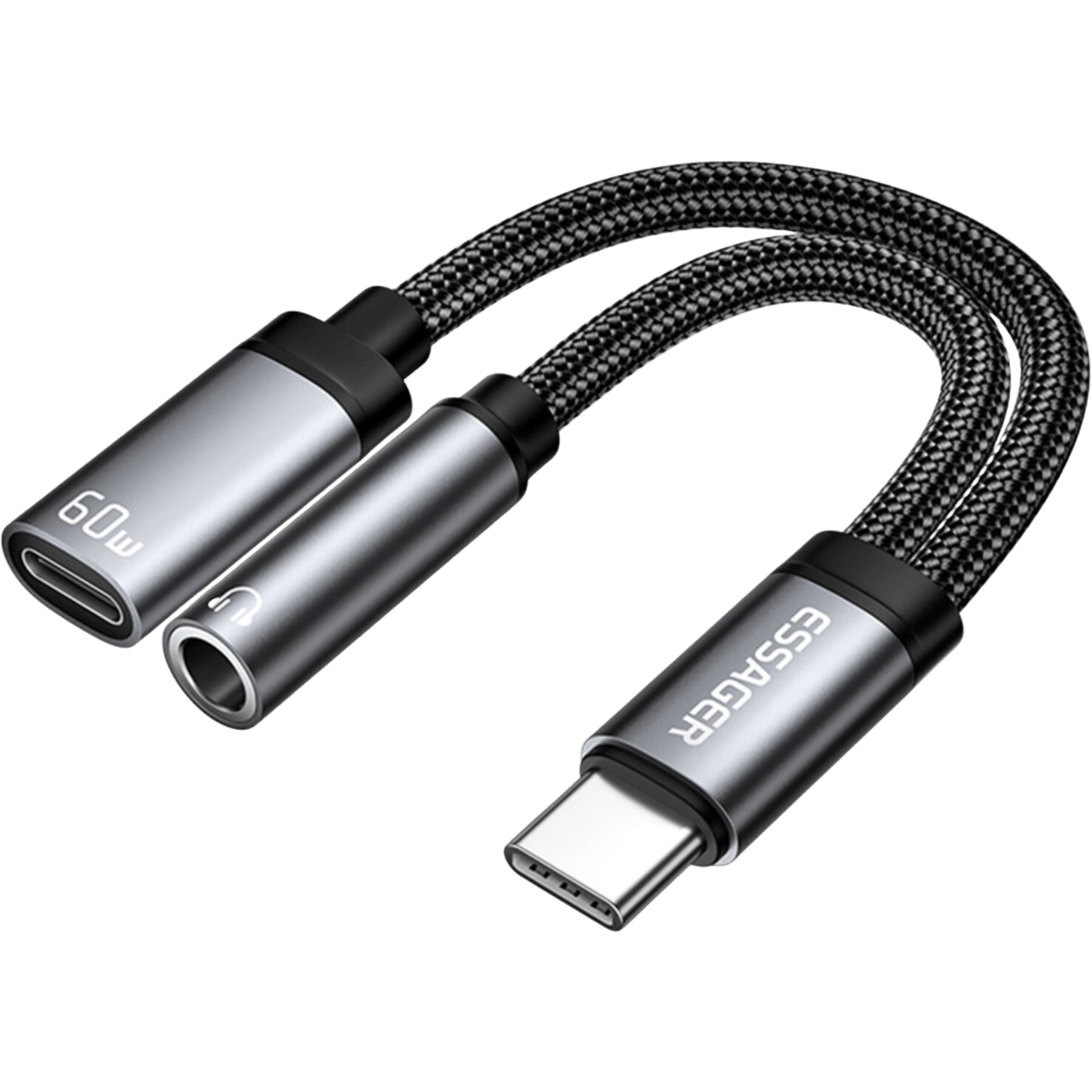 Essager USB-C naar USB-C + 3.5mm Adapter Kabel met 60W Oplader Zwart