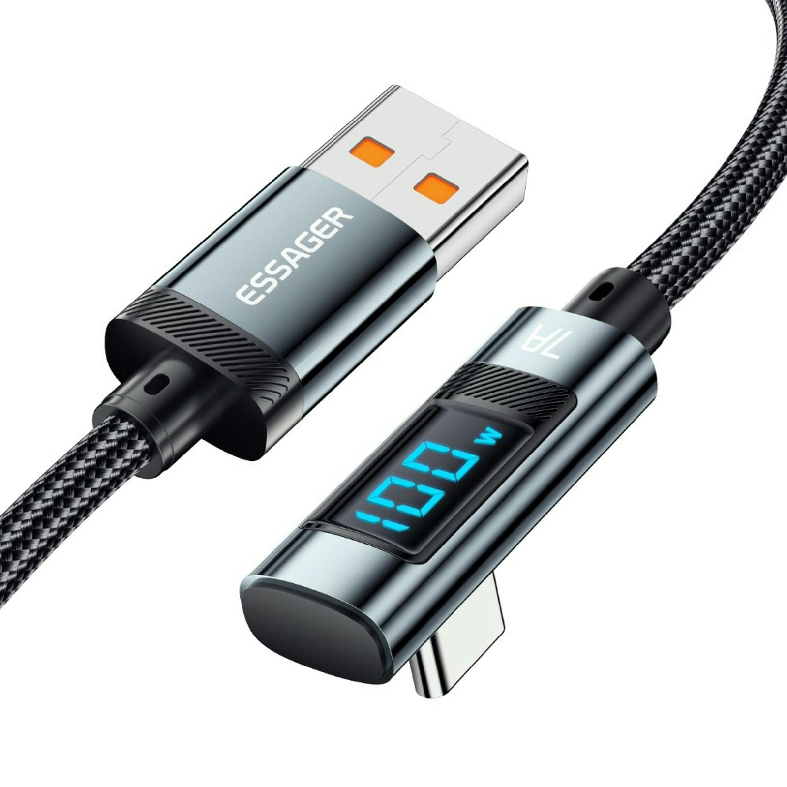Essager 100W USB-A to USB-C Digital Display Elbow Data Cable Zwart 2m