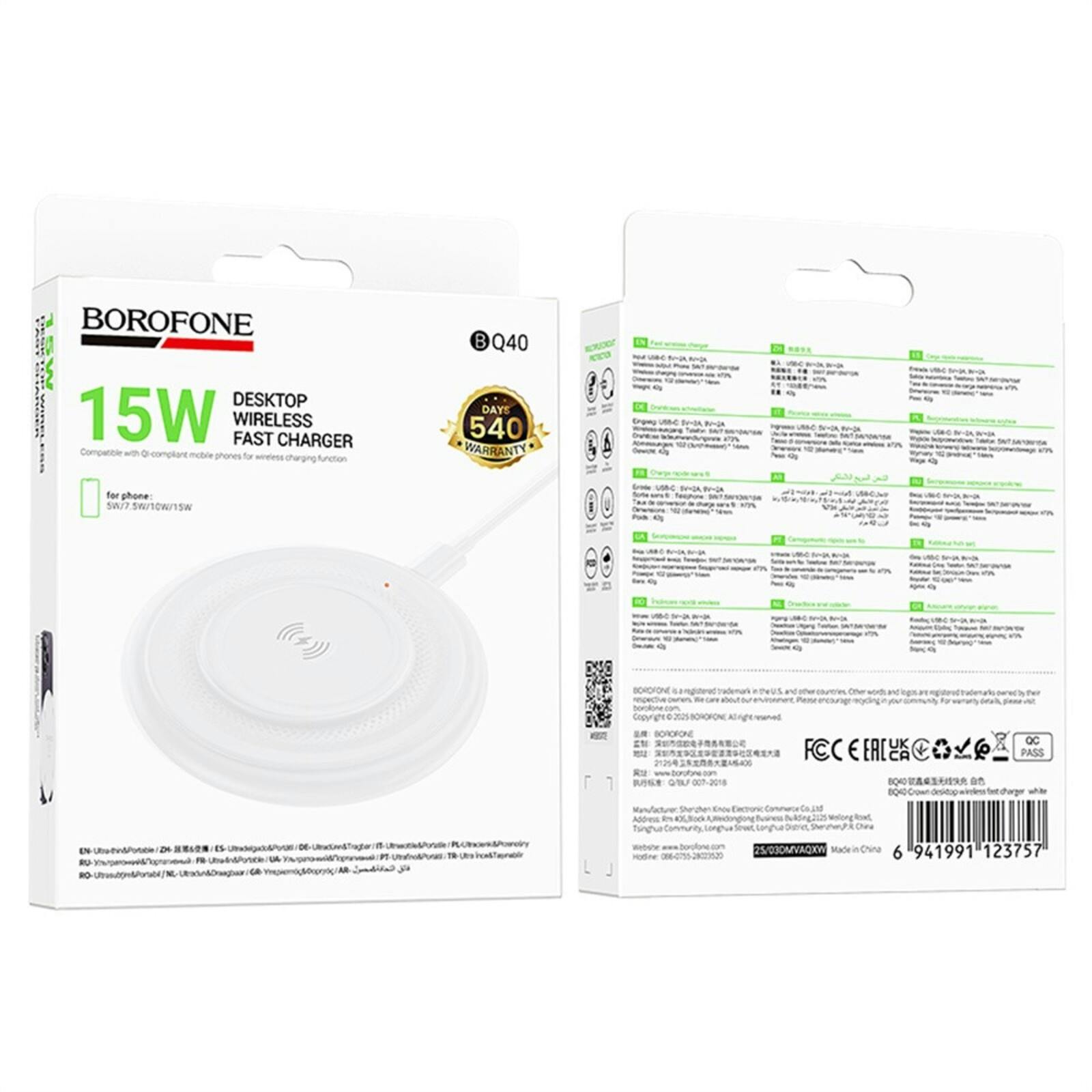Borofone 15W Desktop Wireless Fast Charger usb-c Wit