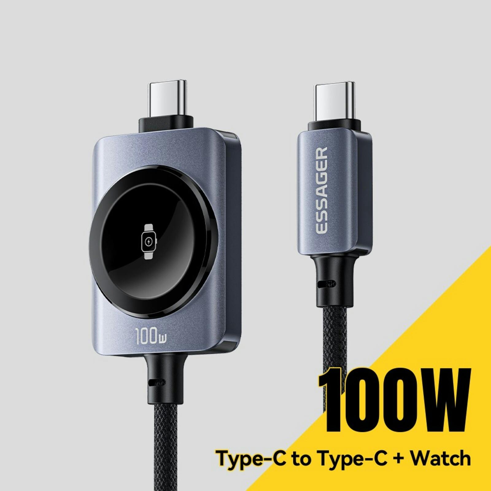 Essager 2-in-1 USB-C naar USB-C Kabel 100W Apple Watch Oplader Zwart