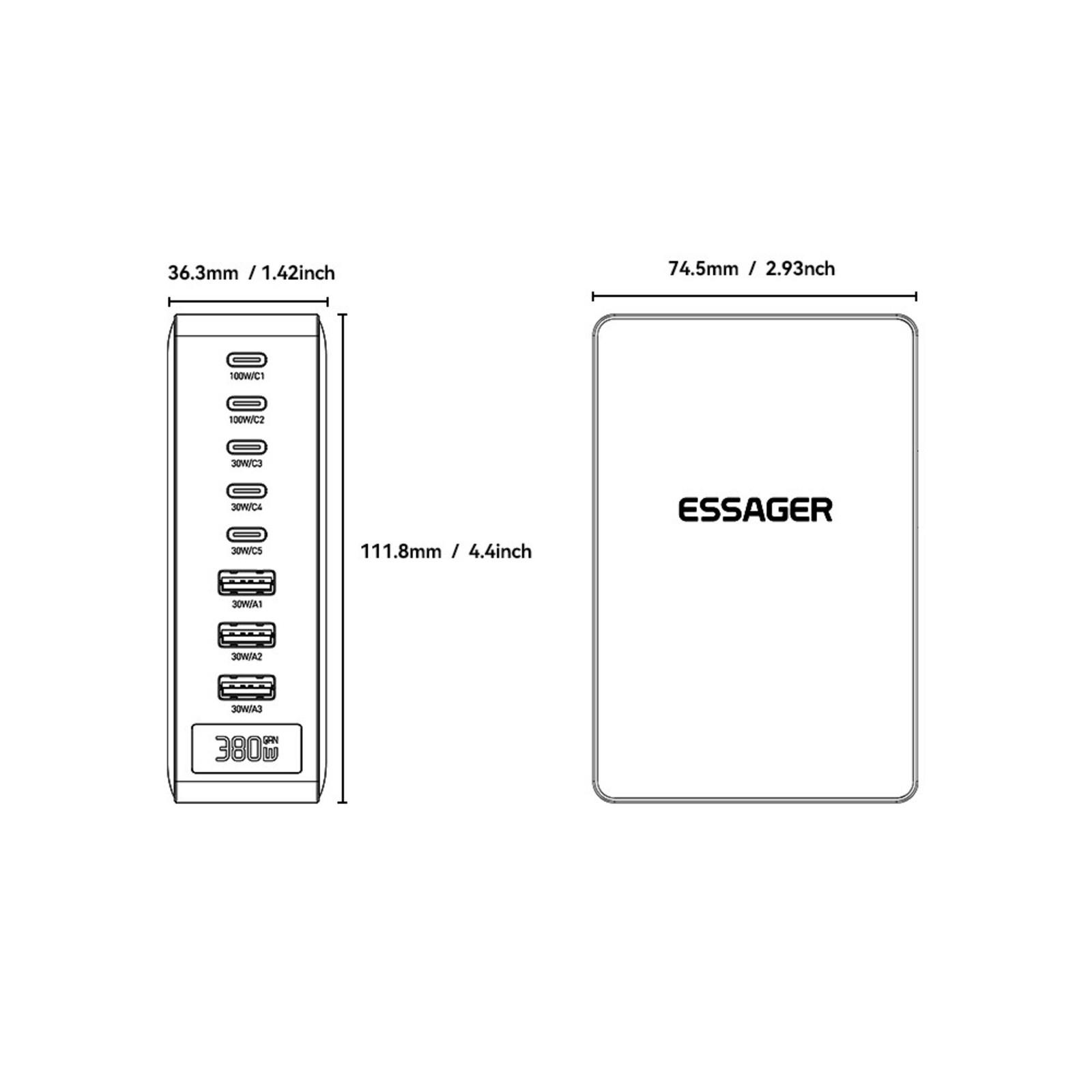 Essager 100W 5 USB-C + 3 USB-A Fast Charger Zwart