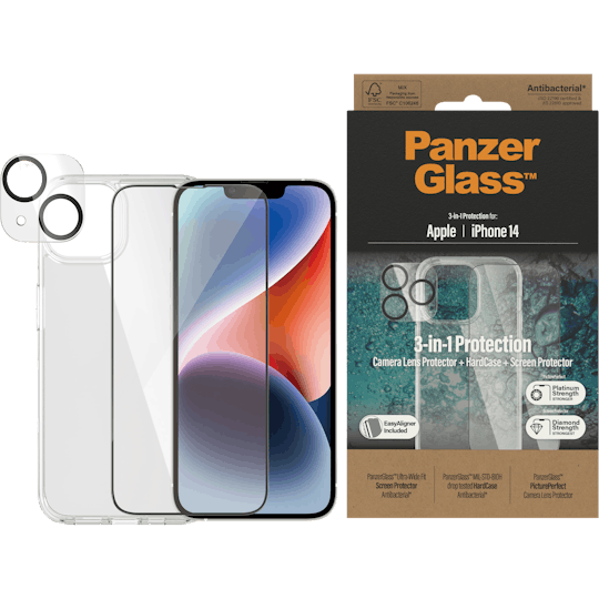 PanzerGlass iPhone 14 Bundel Hardcover + Screenprotector + Glazen Camera Screenprotector - Voorkant