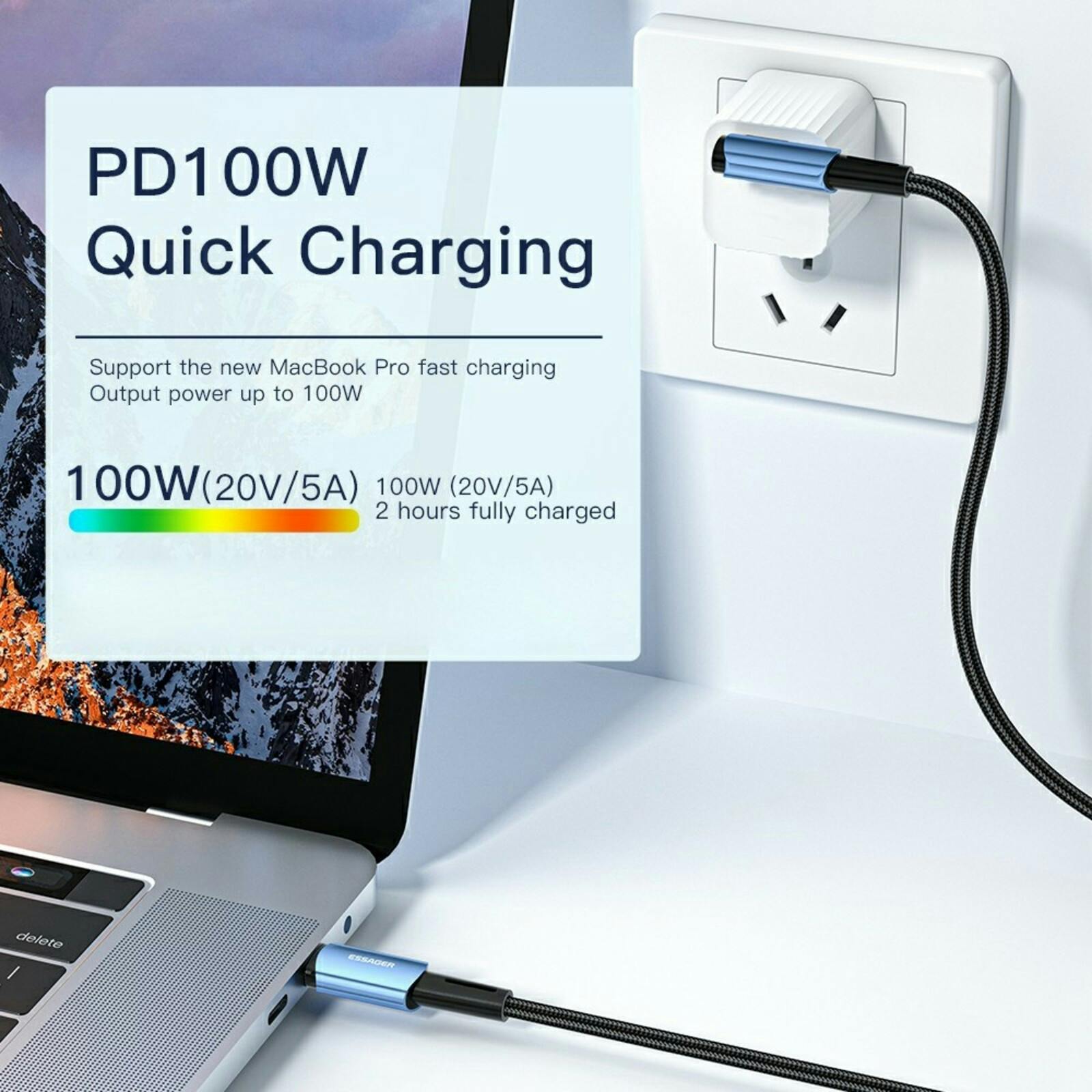 Essager 100W Woven Elbow Cable USB-C to USB-C Zwart 1m