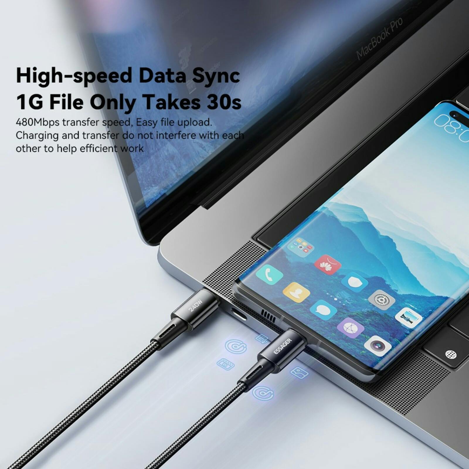 Essager 240W USB-C naar USB-C Ultraspeed Oplaad + Datakabel Zwart 1m