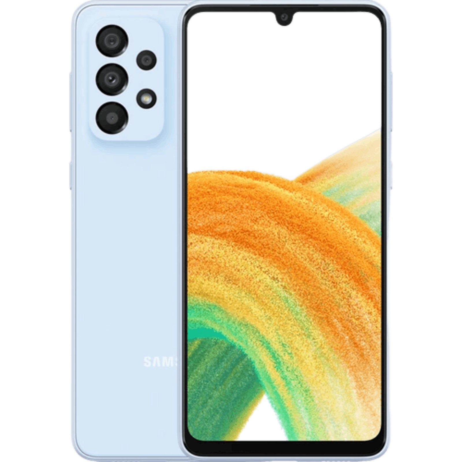 Samsung Galaxy A33 voorkant en achterkant in Awesome Blue