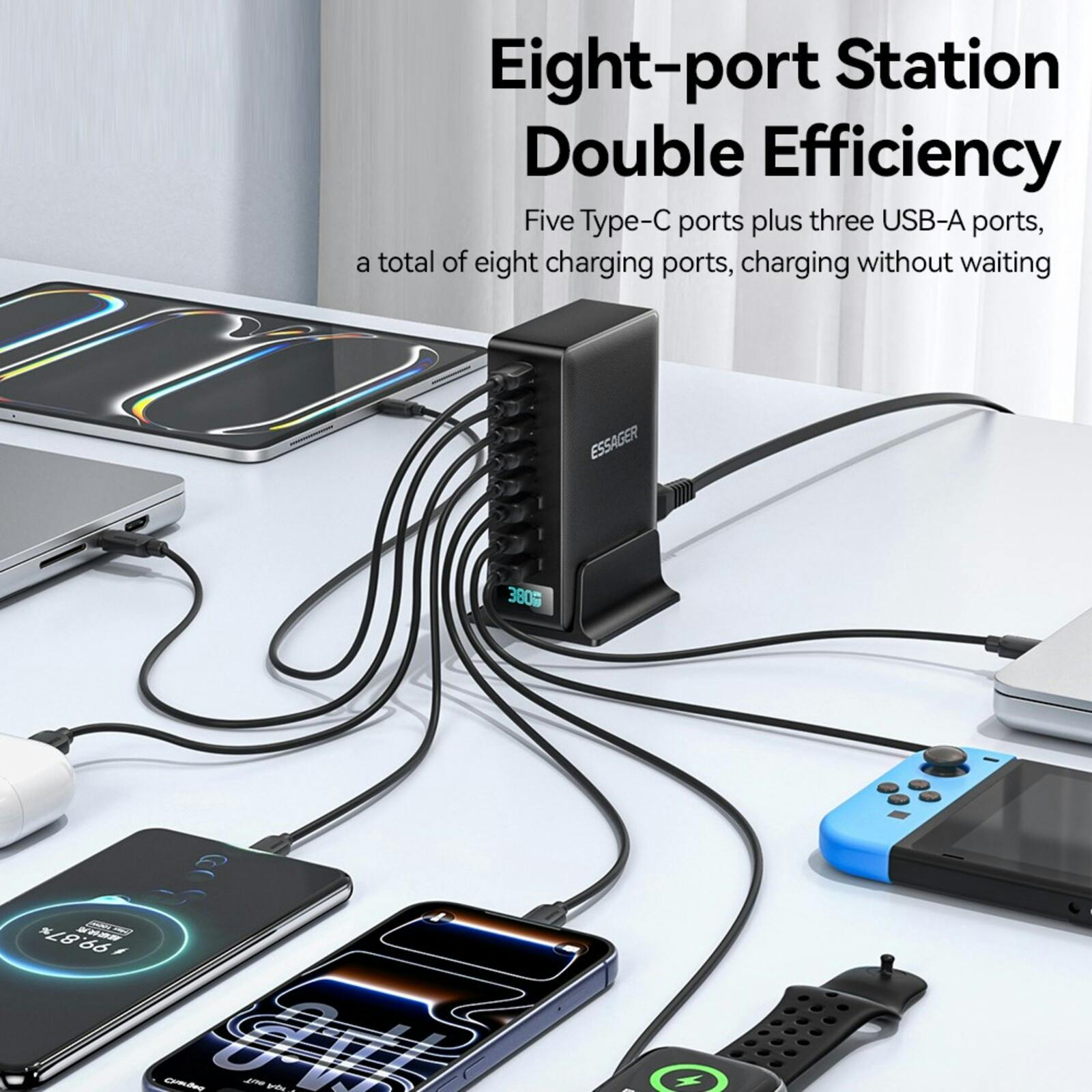 Essager 100W 5 USB-C + 3 USB-A Fast Charger Zwart
