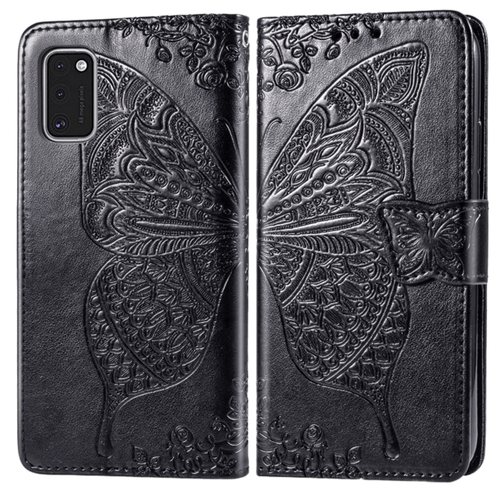 Comfycase Samsung Galaxy A41 Butterfly Booklet Telefoonhoesje Zwart