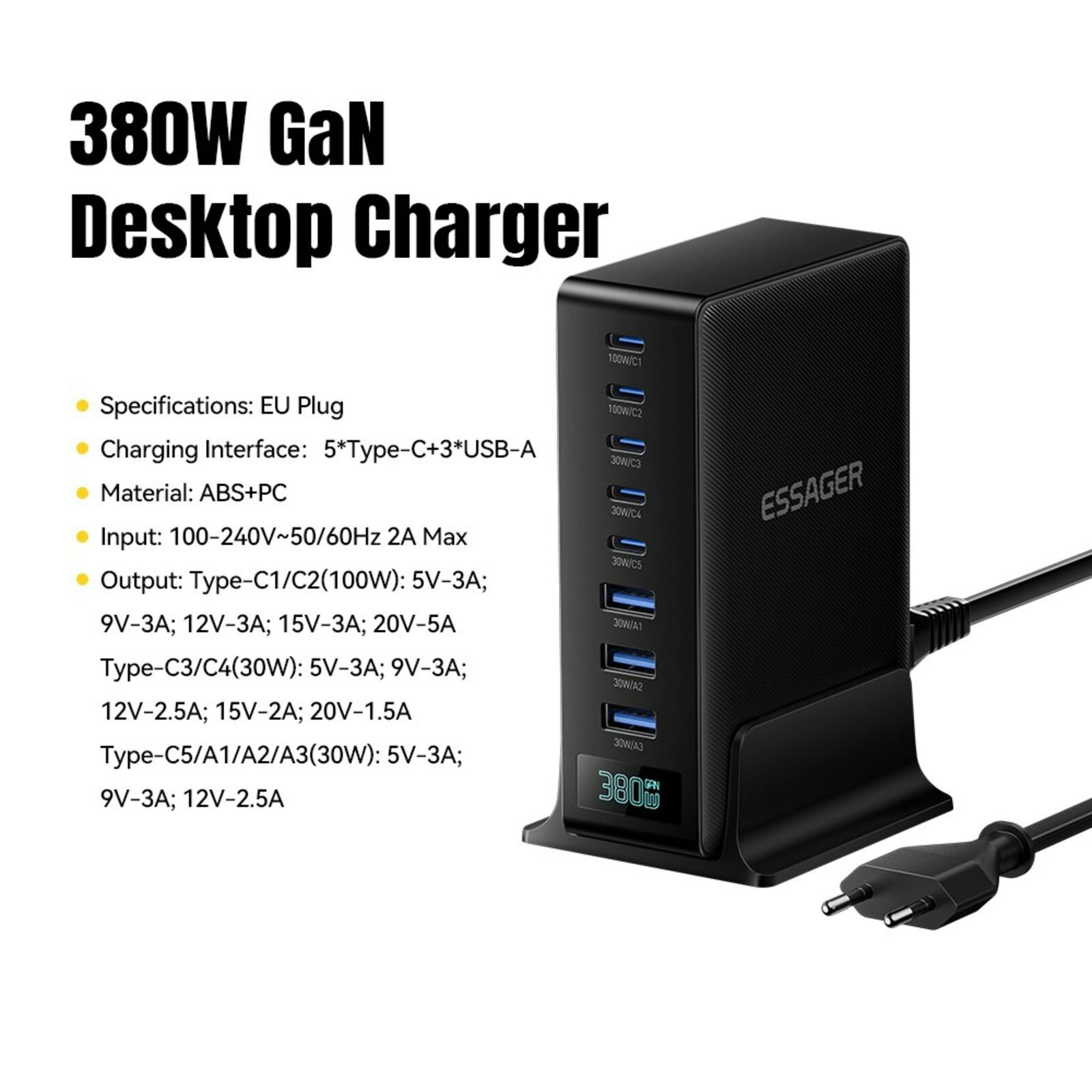 Essager 100W 5 USB-C + 3 USB-A Fast Charger Zwart