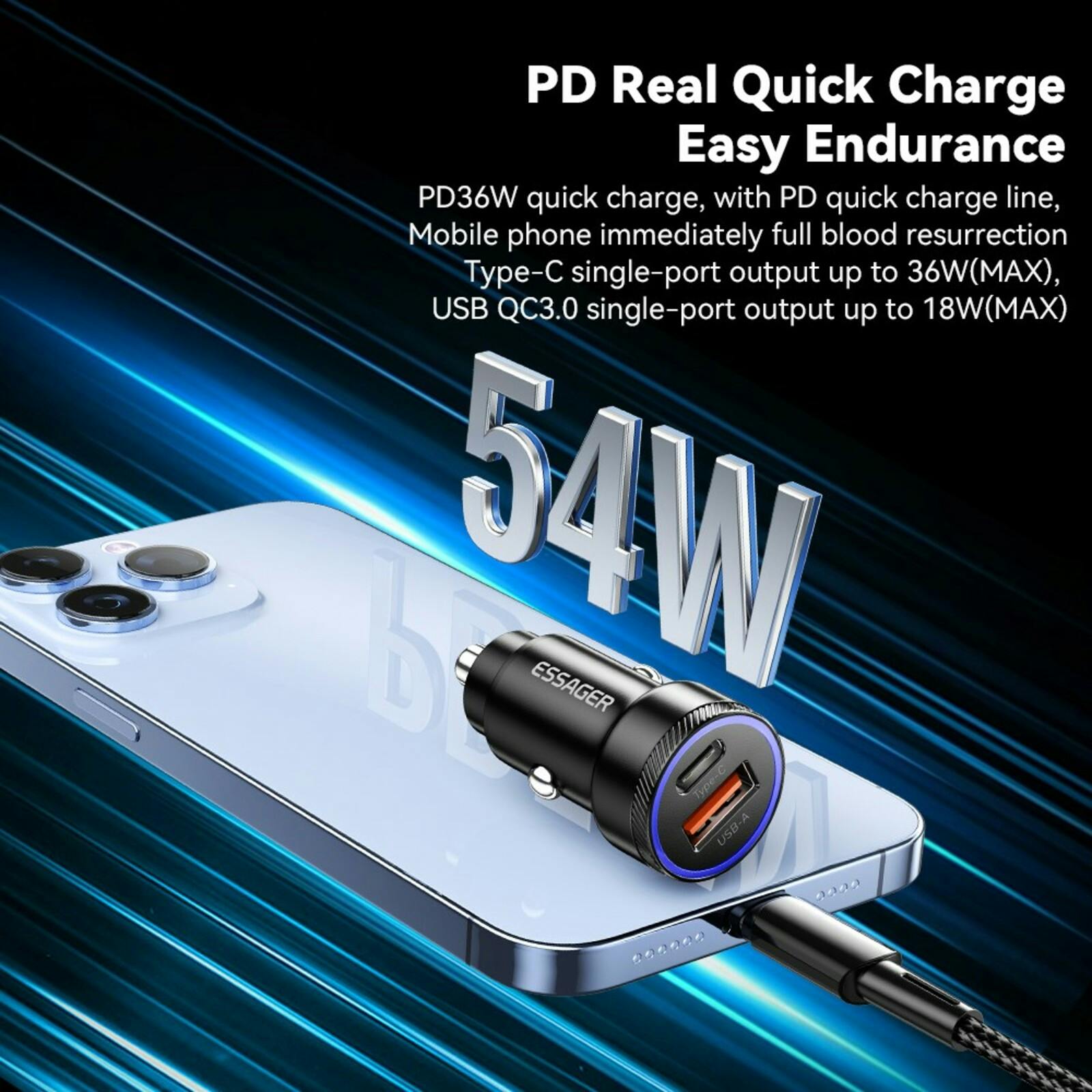 Essager Plug and Charge 54W Autolader USB en USB-C Zwart