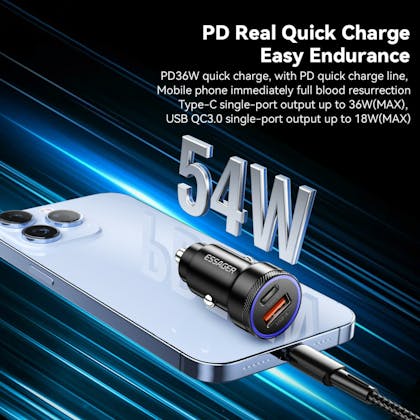 Essager Plug and Charge 54W Autolader USB en USB-C Zwart