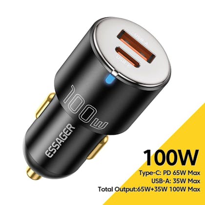Essager Super Fast Charge 100W Autolader USB-C en USB-A Zwart