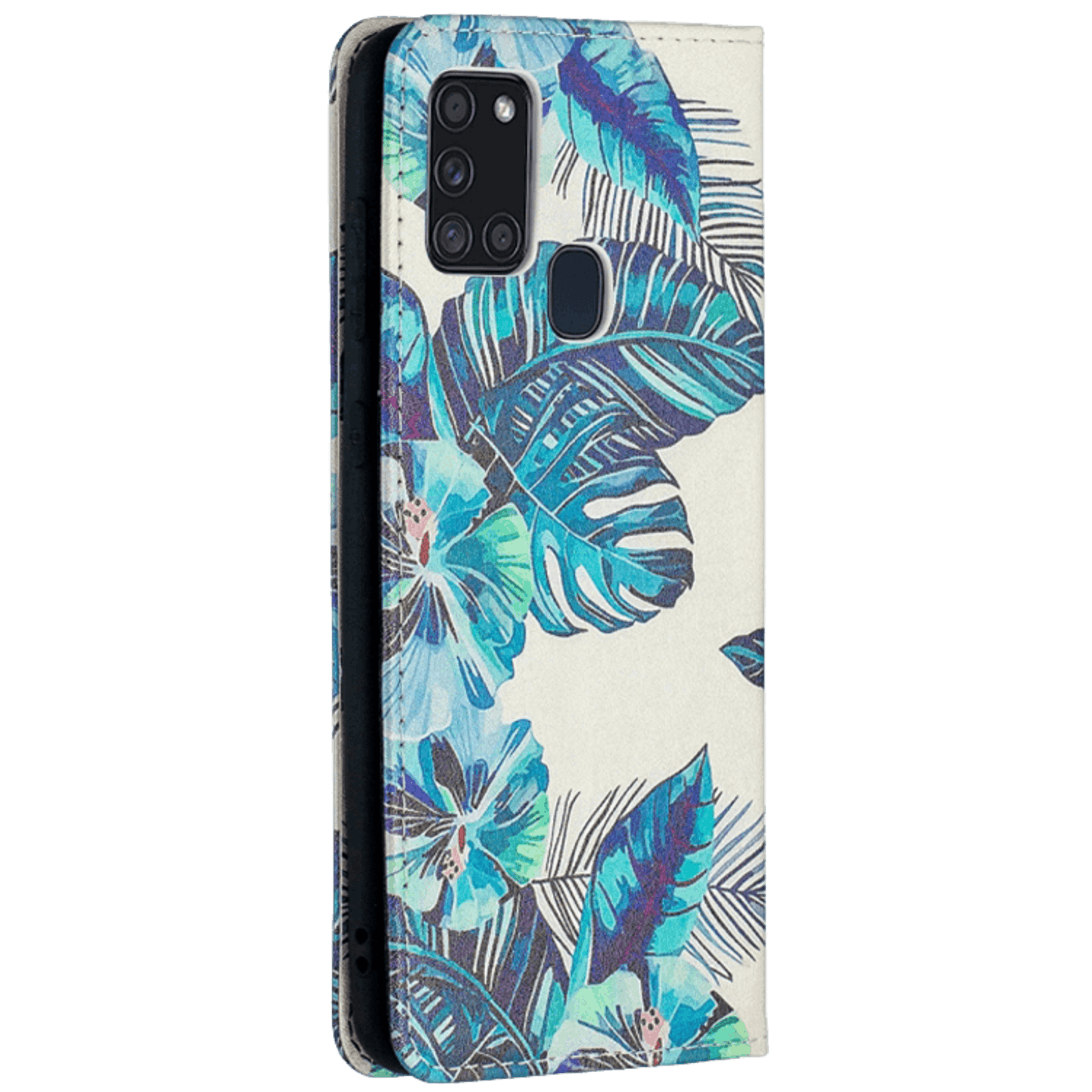 Mocaa Samsung Galaxy A21s Blue Leaf Magnetisch Bookcase Hoesje Meerkleurig