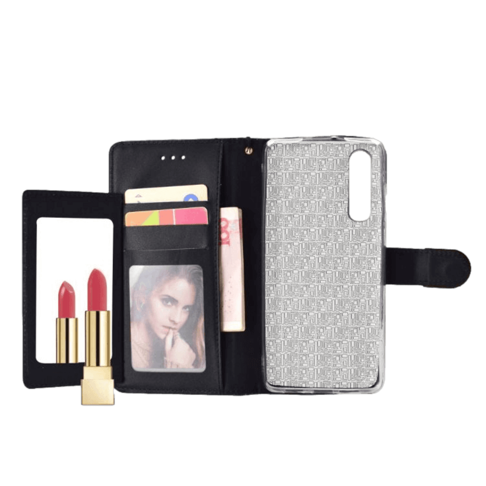 TwoTone Huawei P30 glitter hoesje met pasruimte en spiegel Zwart