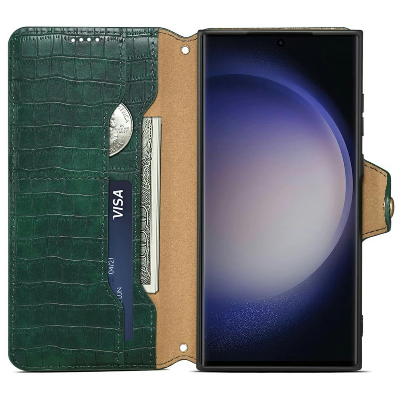 Comfycase Samsung Galaxy S24 Ultra Bookcase Hoesje Krokodillenleer Groen