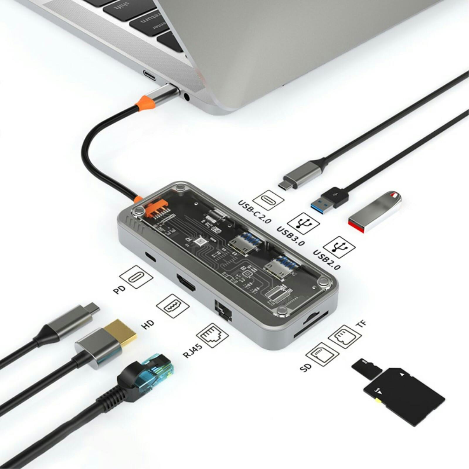 Mocaa SW8V 8-in-1 Type-C USB-Hub Zwart 15cm