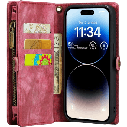 Caseme iPhone 14 Pro Vintage Portemonnee Hoesje Rood - Voorkant