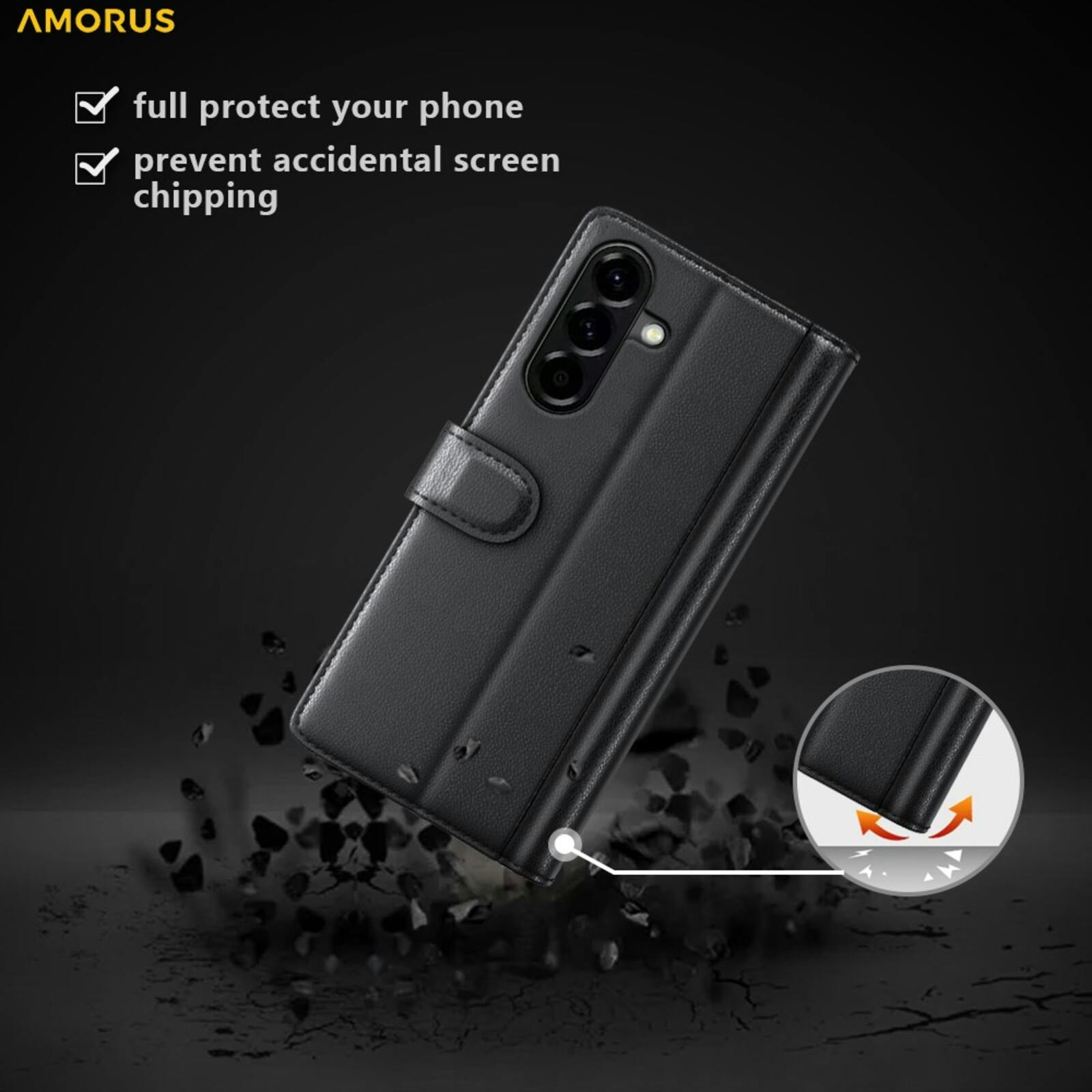 Amorus Samsung Galaxy A57 Real Leather Wallet Hoesje Zwart
