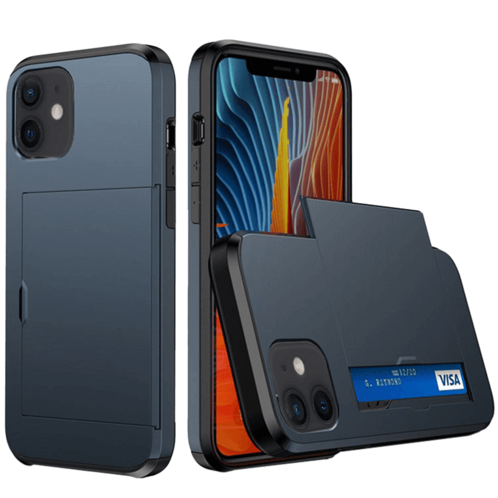 Slide Case iPhone 12 (Pro) Hoesje met Pashouder Donkerblauw