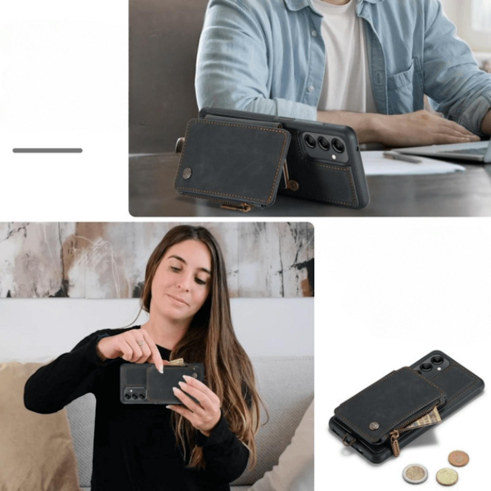 Caseme Samsung A14 Zipper Pocket Wallet Hoesje Zwart