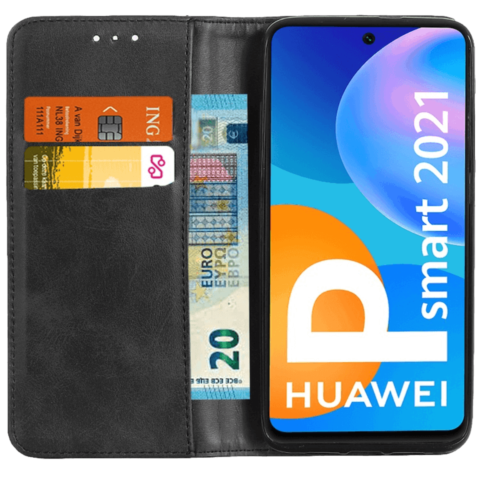 CaseBody Huawei P Smart 2021 Real Leather Wallet Hoesje Zwart