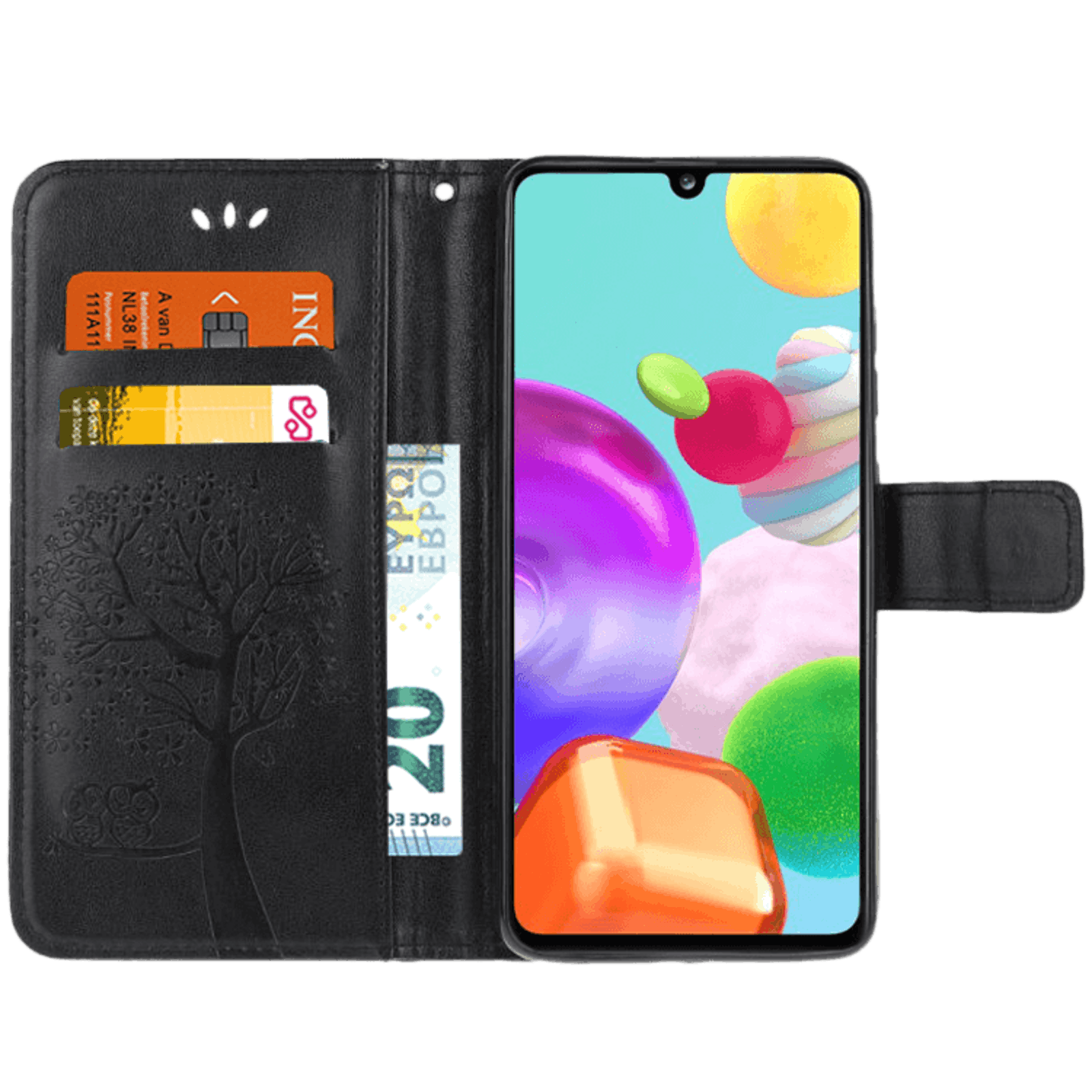 Comfycase Samsung Galaxy A41 Bookcase Hoesje Uiltjes Zwart