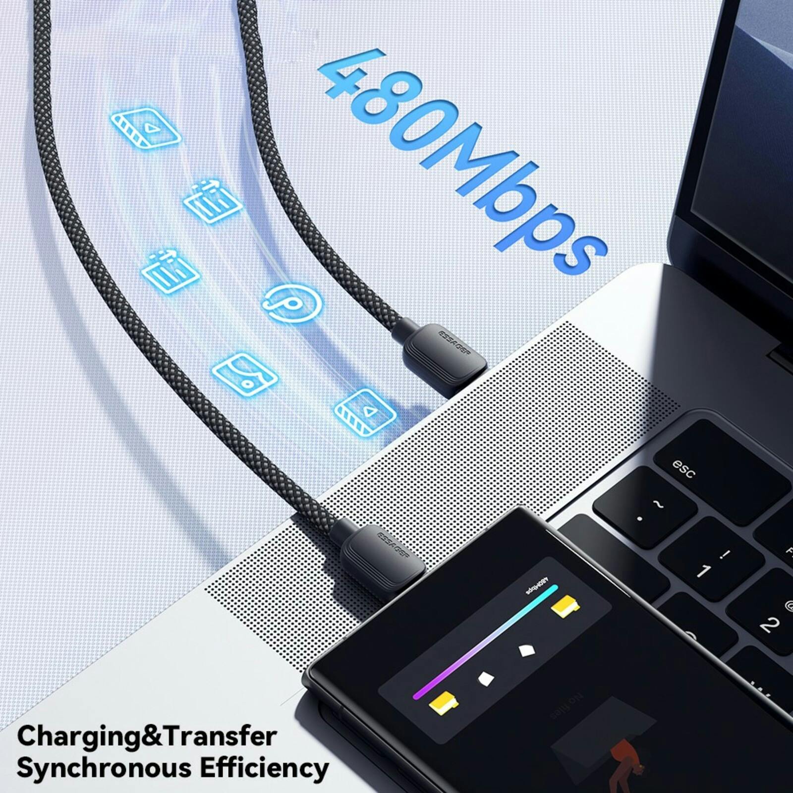 Essager 100W(!) Smartphone en Laptop Data + Oplaadkabel USB-A naar USB-C Zwart 3m