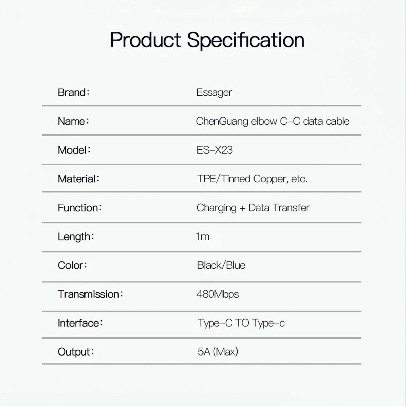 Essager 100W Woven Elbow Cable USB-C to USB-C Zwart 1m