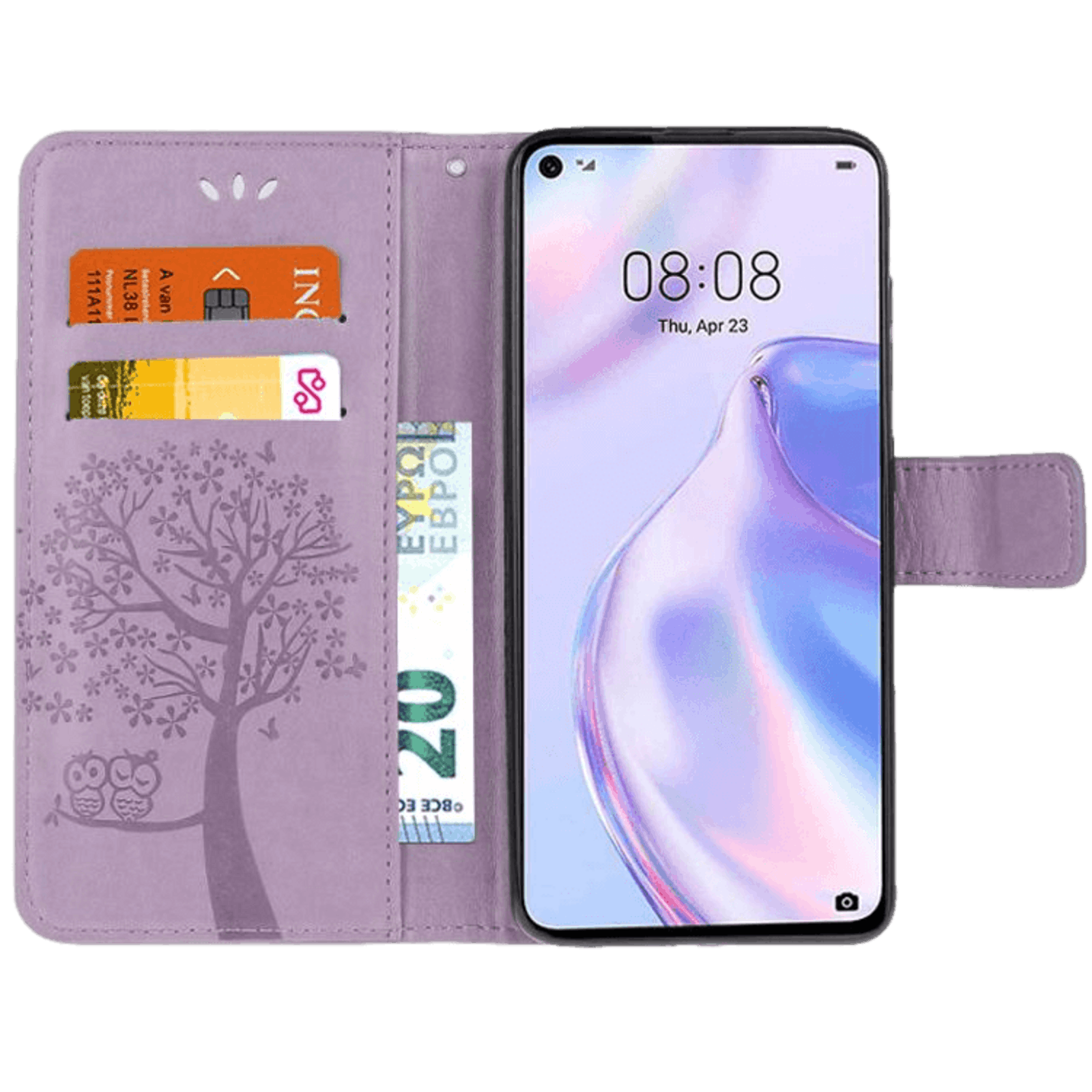 Comfycase Huawei P40 Lite bookcase hoesje uiltjes Paars