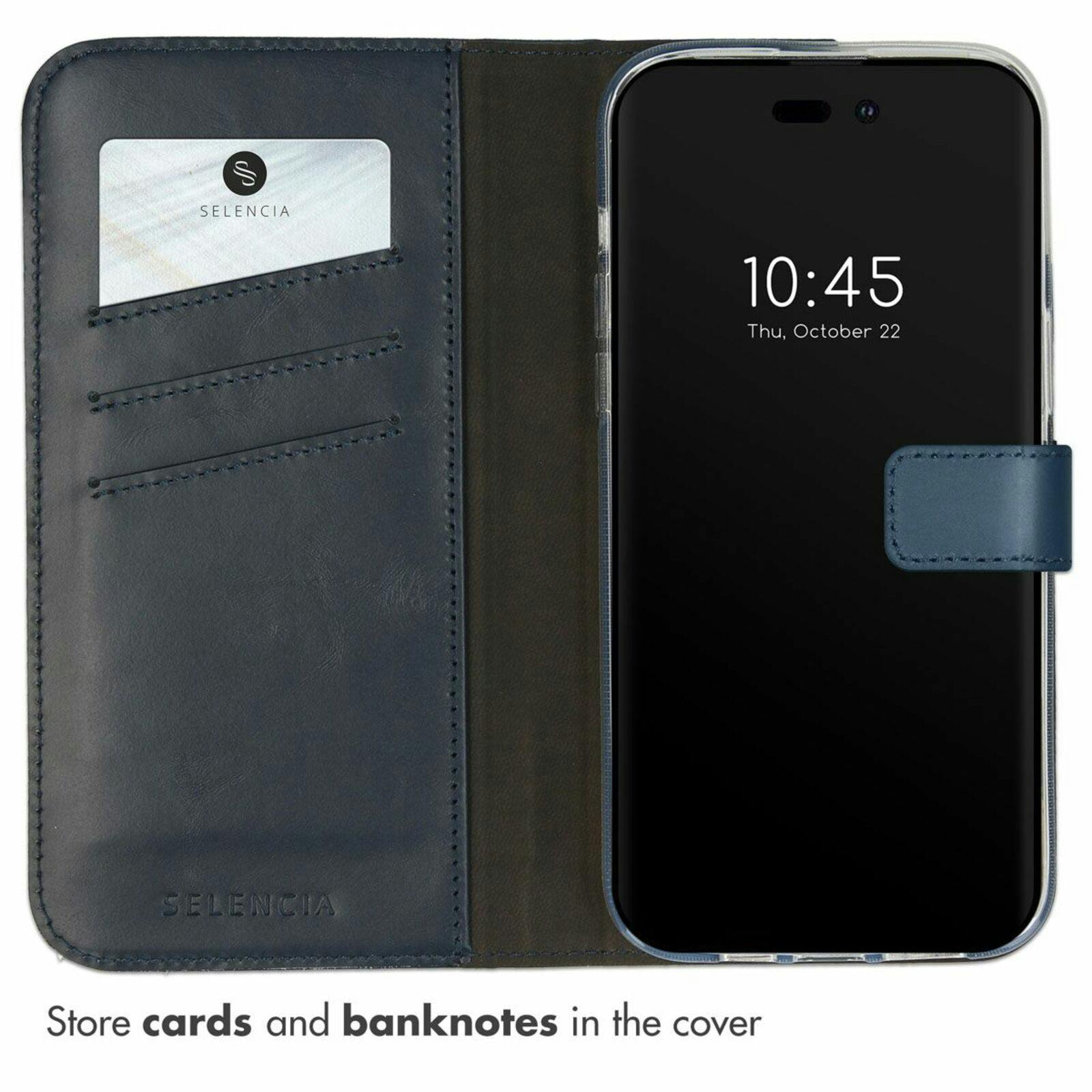 Selencia iPhone 14 Pro Max Leren Portemonnee Hoesje Blauw