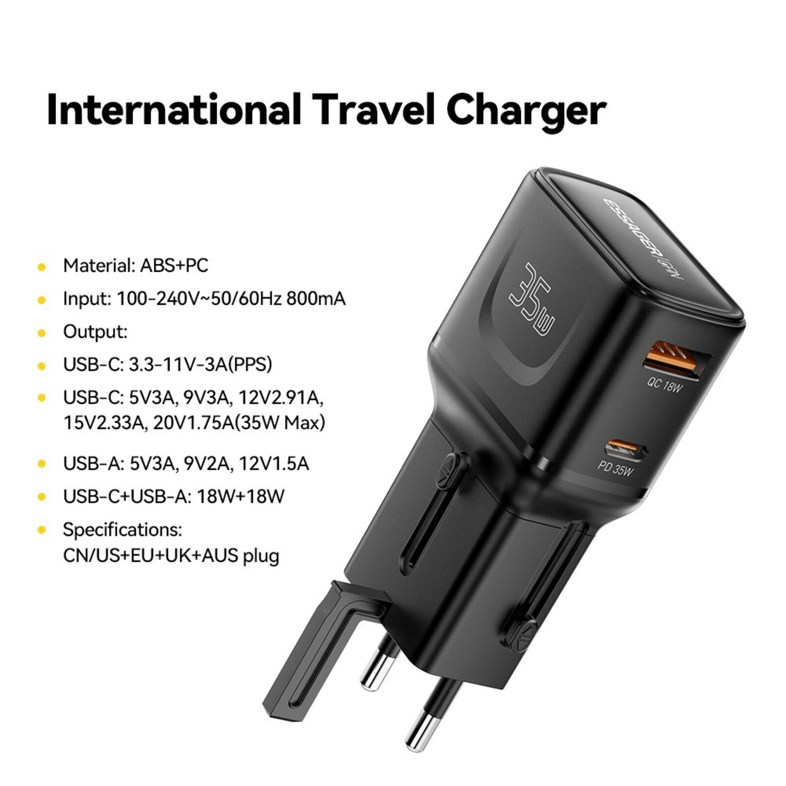 Essager 35W USB-A + USB-C Wereldstekker Zwart
