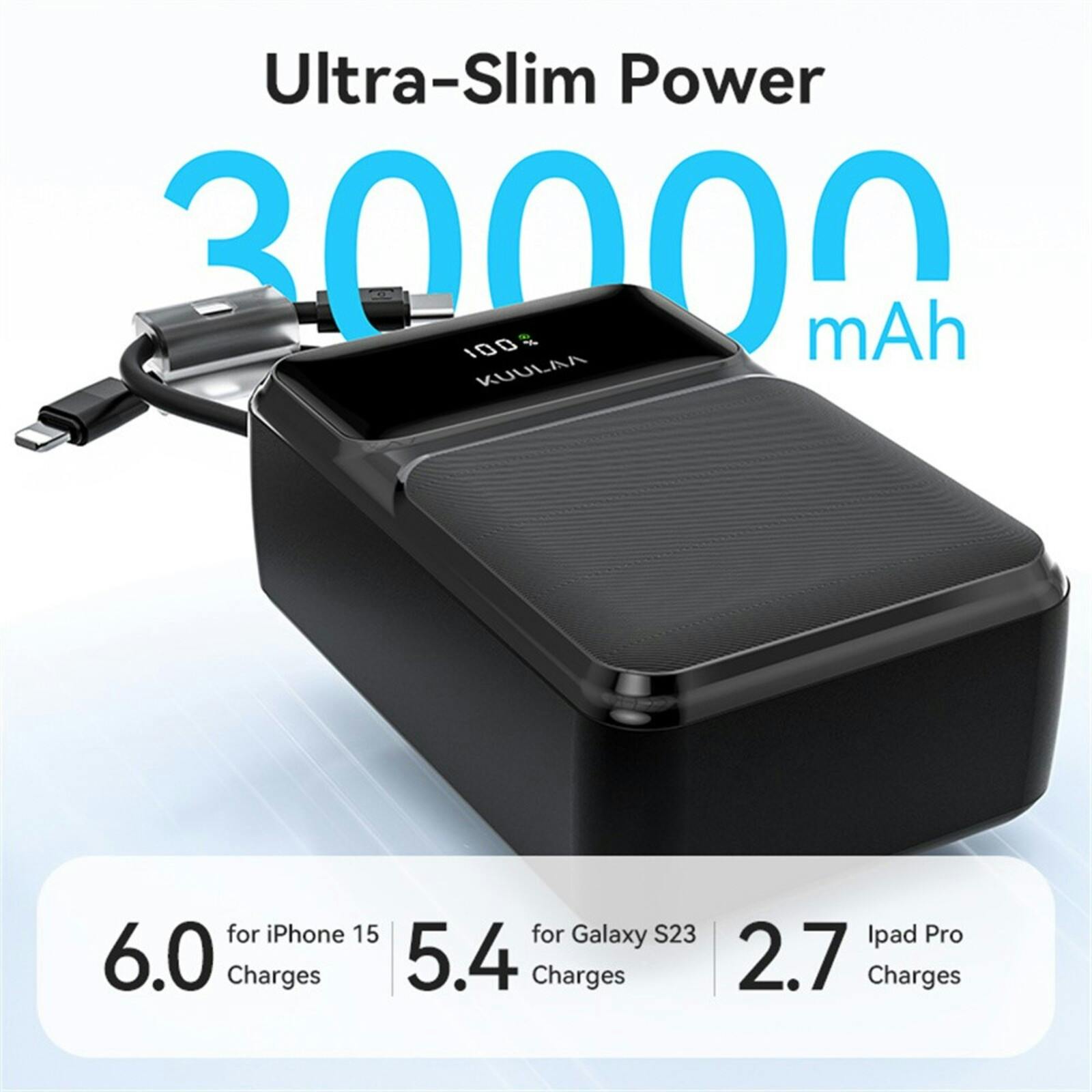 Kuulaa High Capacity Mini Powerbank 30.000mAh Zwart